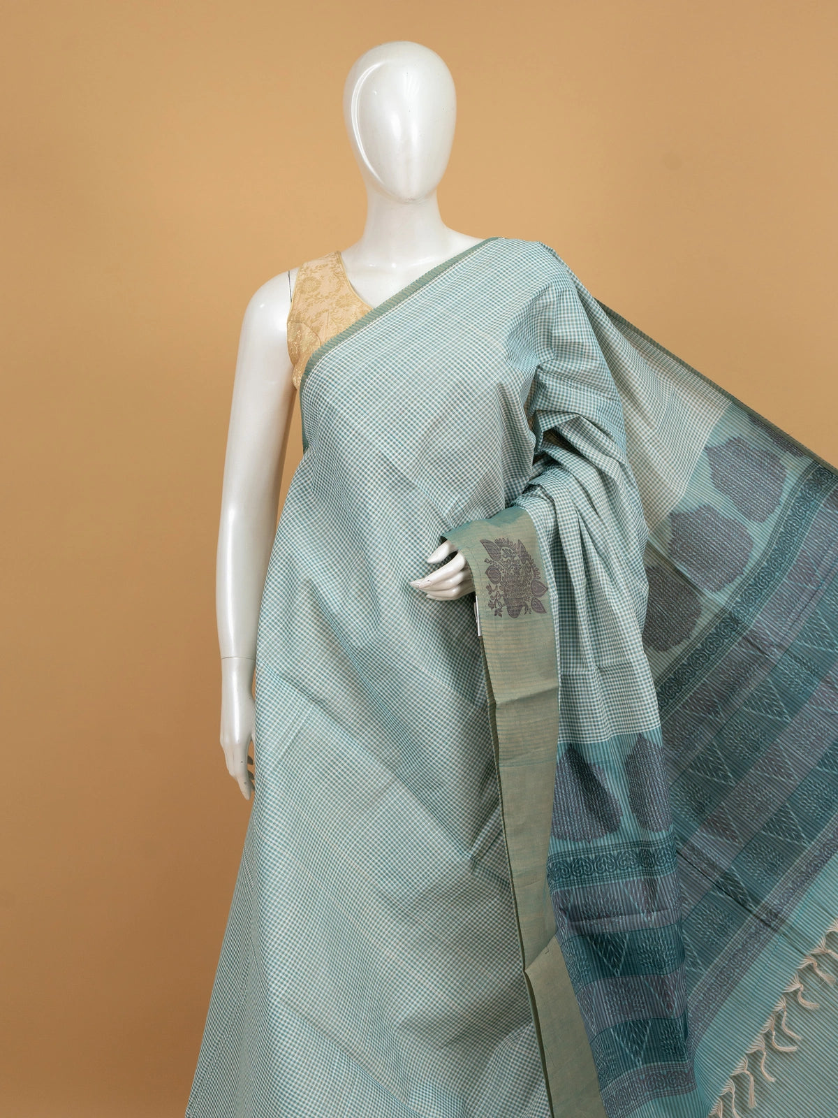 Aqua blue and teal checked silk cotton saree with contrast woven paisley and floral pallu