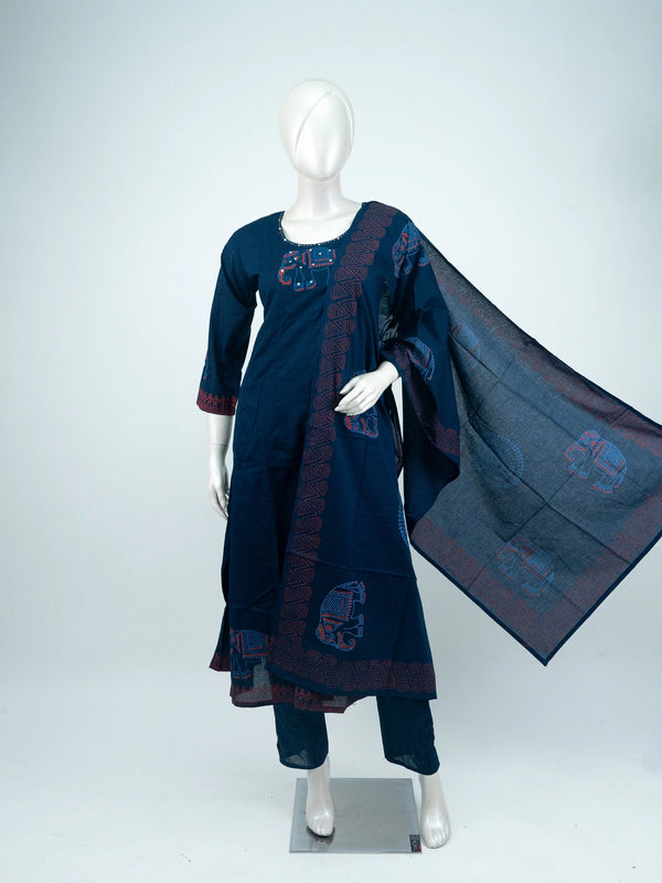 Navy Blue cotton Anarkali kurti set with rust elephant motifs, mirror work and matching printed dupatta