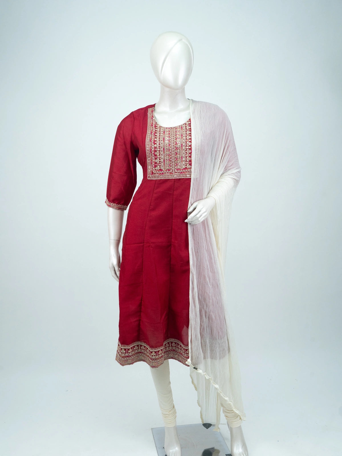 Maroon Zari embroidered Anarkali kurti top with gold neckline and hem border