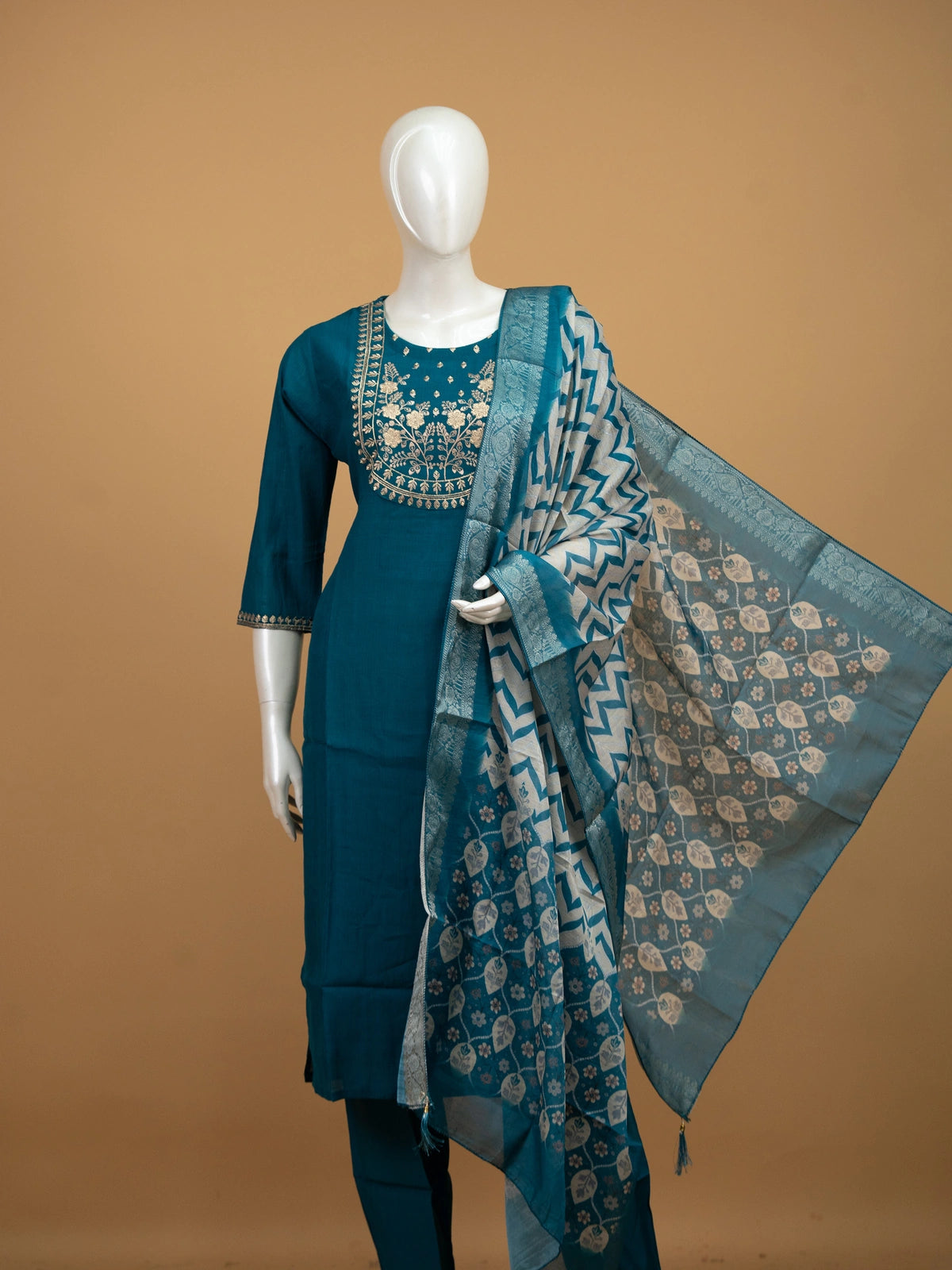 Teal Blue zari embroidered straight cut kurti set with printed dupatta and straight pants
