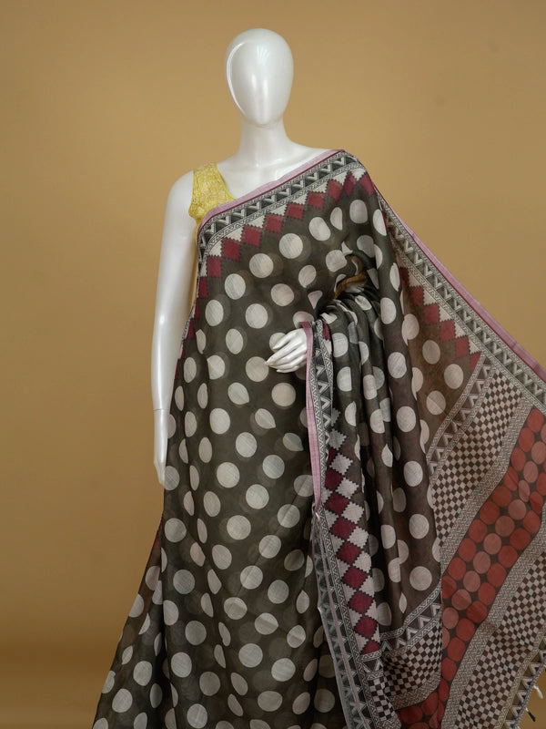 Olive brown and cream polka dot linen cotton saree with maroon geometric border and contrast blouse