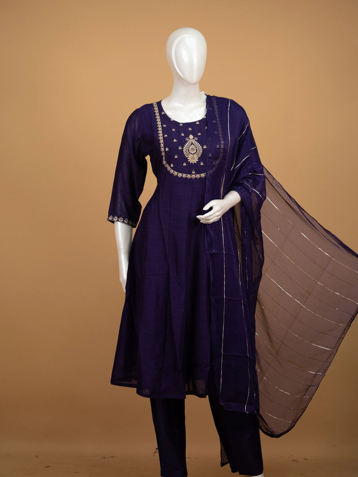 Purple cotton silk zari embroidered Anarkali kurti set with pants and dupatta