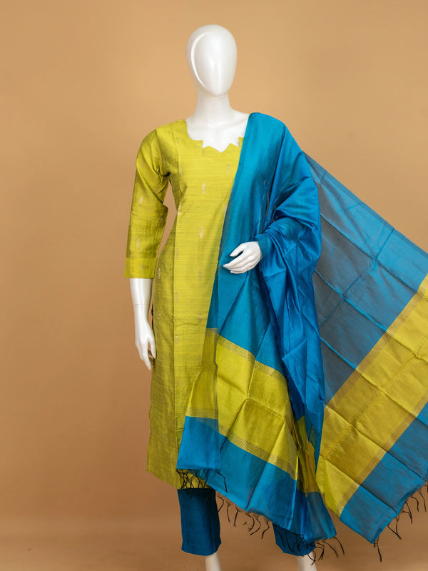 Lime green silk blend straight cut kurti set with zari butis and teal blue dupatta