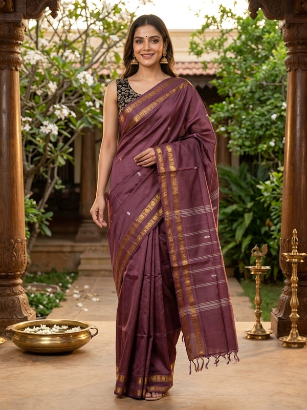 Wine maroon banana silk saree with gold zari border, silver buttas and contrast black blouse
