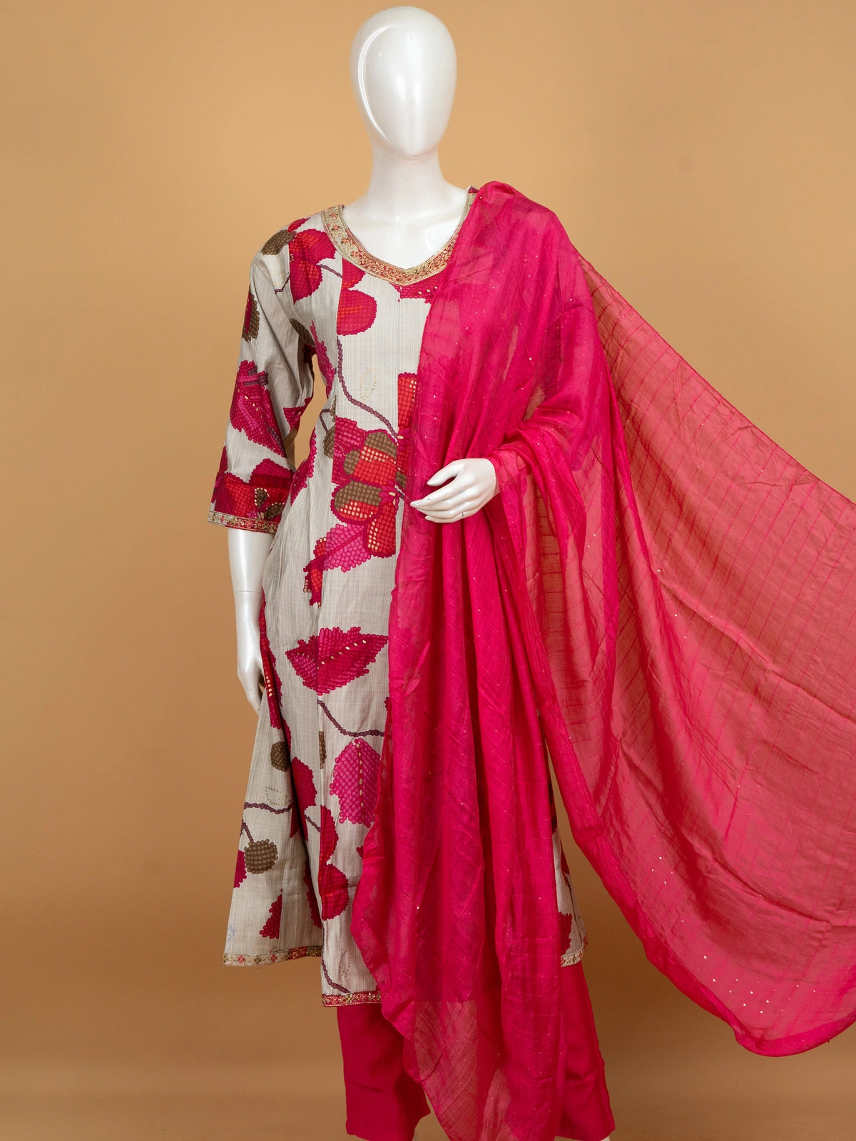 Grey floral cotton A-line kurti set with rani pink pants and sequinned dupatta