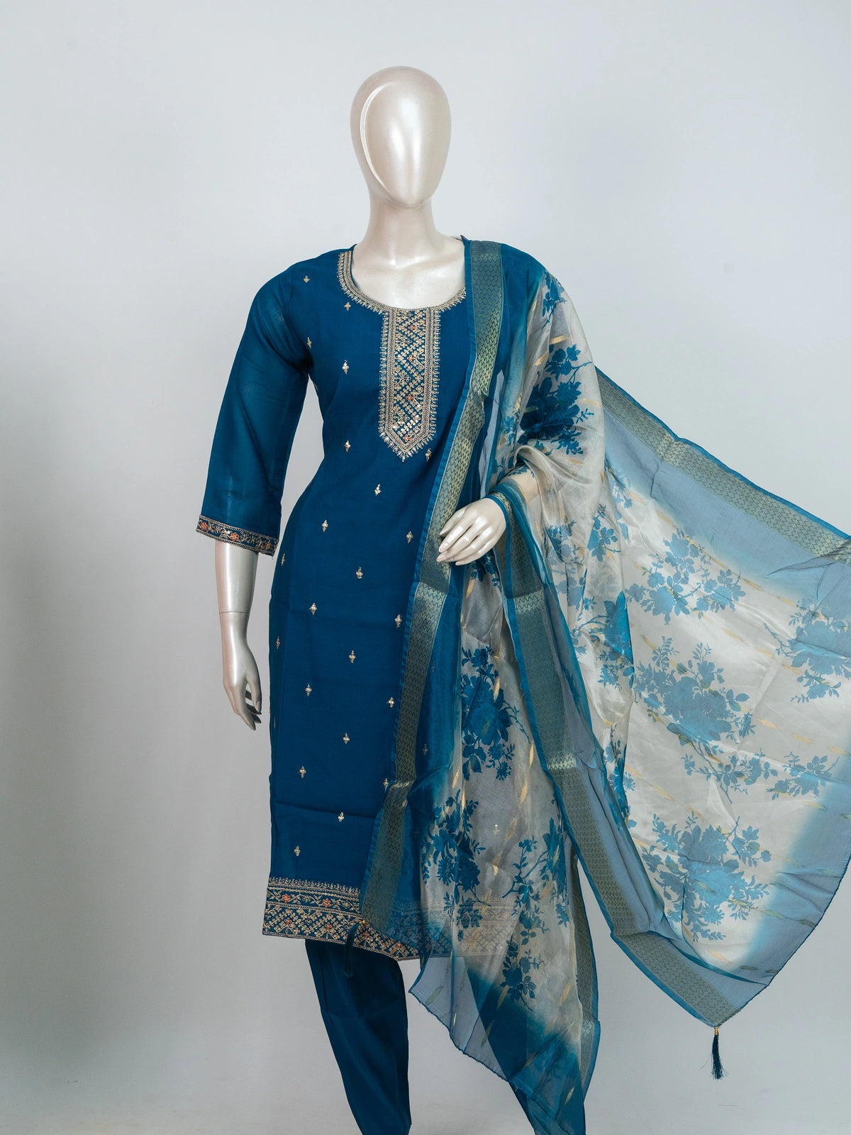 Teal Blue art silk straight cut kurti set with zari embroidery and cream floral dupatta