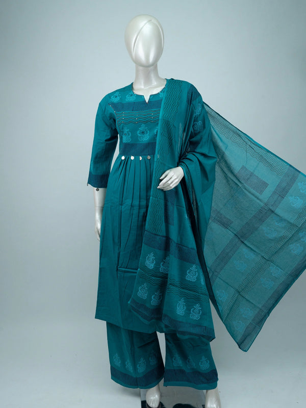 Teal cotton block printed Anarkali kurti set with coin embellished waist, palazzo pants and dupatta