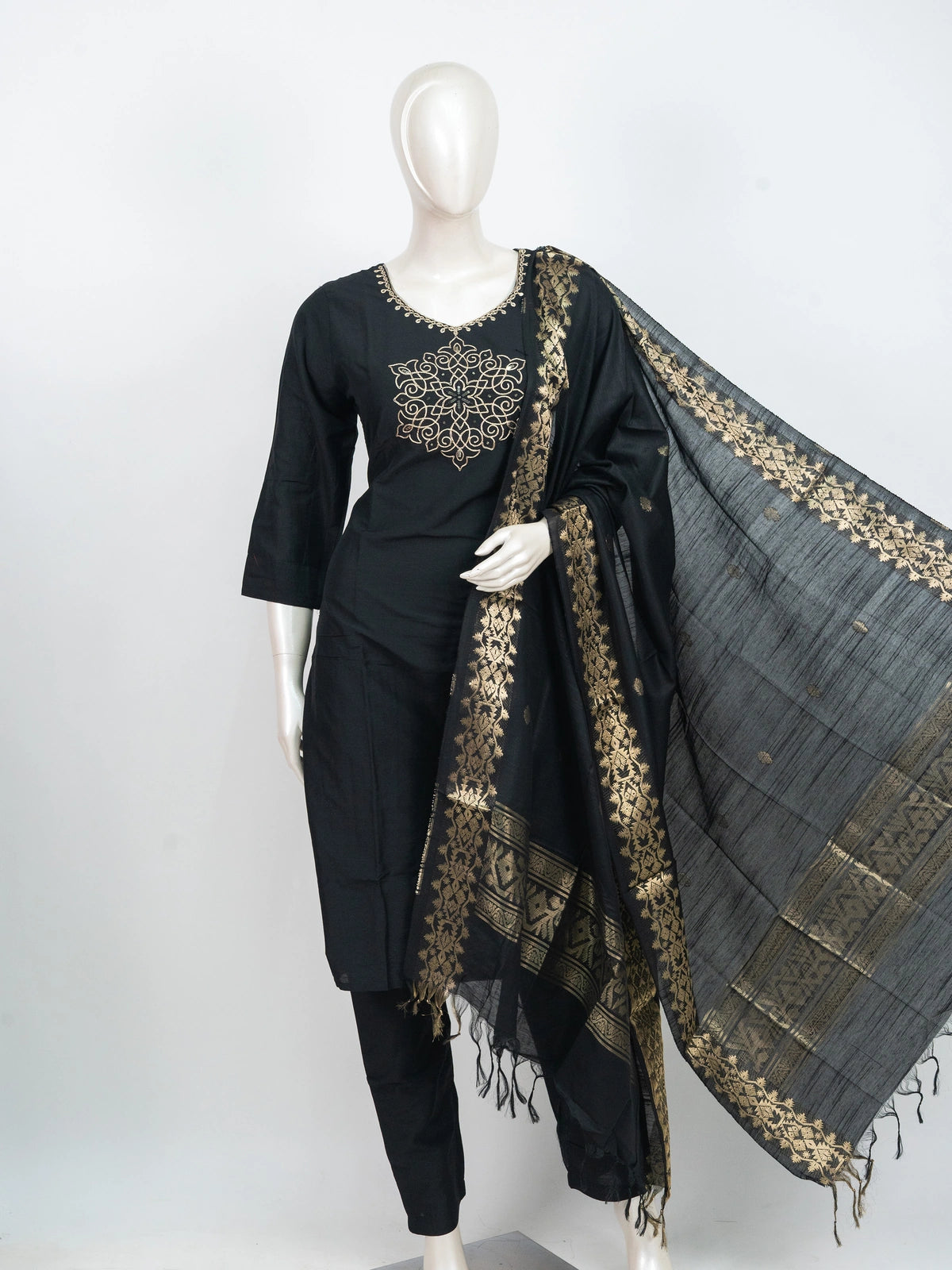Black cotton straight cut kurti set with gold zari embroidered medallion motif and woven black-gold dupatta