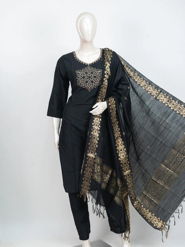 Black cotton straight cut kurti set with gold zari embroidered medallion motif and woven black-gold dupatta