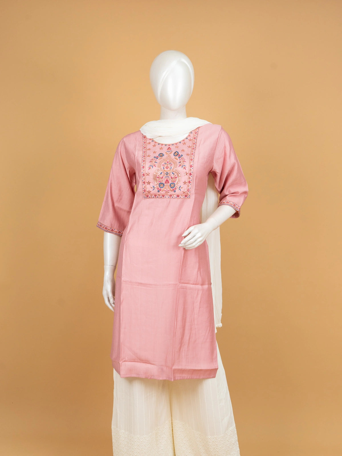 Rose pink floral embroidered Chanderi silk Anarkali kurti top with multicolour yoke embroidery