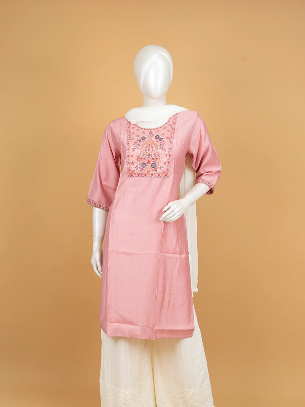 Rose pink floral embroidered Chanderi silk Anarkali kurti top with multicolour yoke embroidery