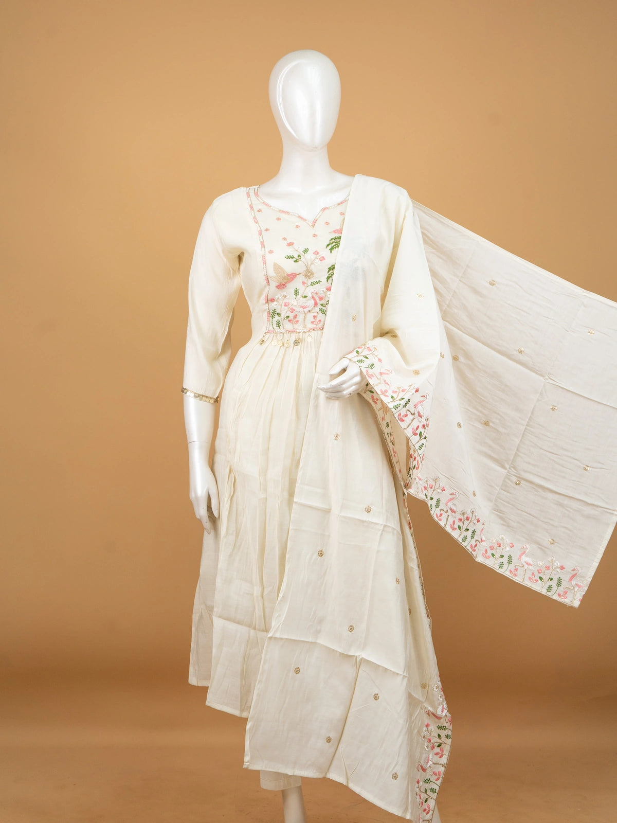 Off-White bird and palm embroidered cotton Anarkali kurti set with dupatta