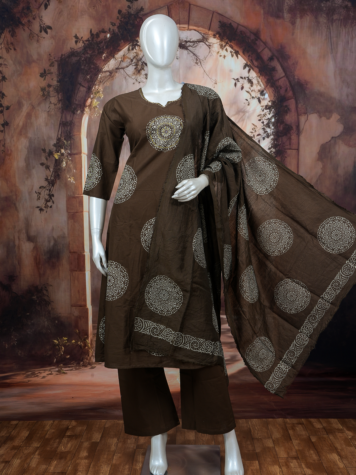 Brown block print cotton kurti set with cream mandala motifs and matching dupatta