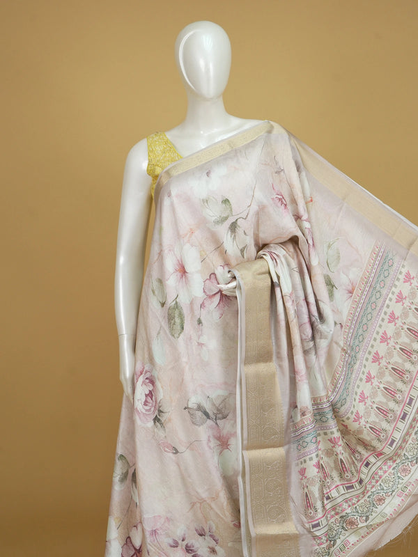 Pastel beige and pink floral designer art silk saree with gold zari border and printed pallu