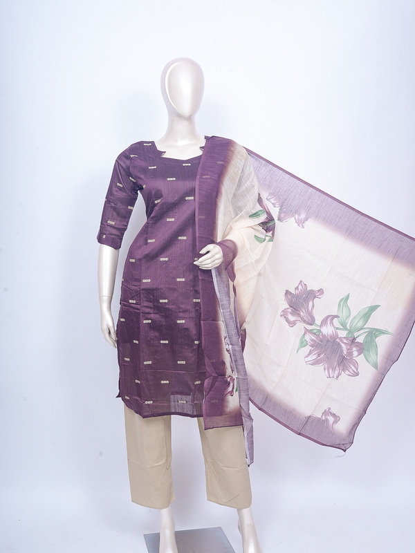 Purple zari butti kurti set with straight-fit cream pants and floral print dupatta