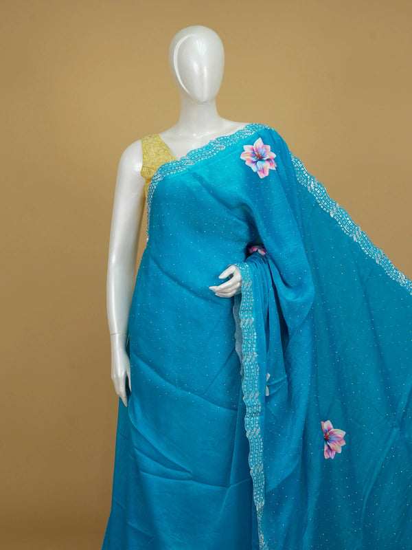Teal blue designer art silk saree with multicolour floral prints and stone-work scalloped border