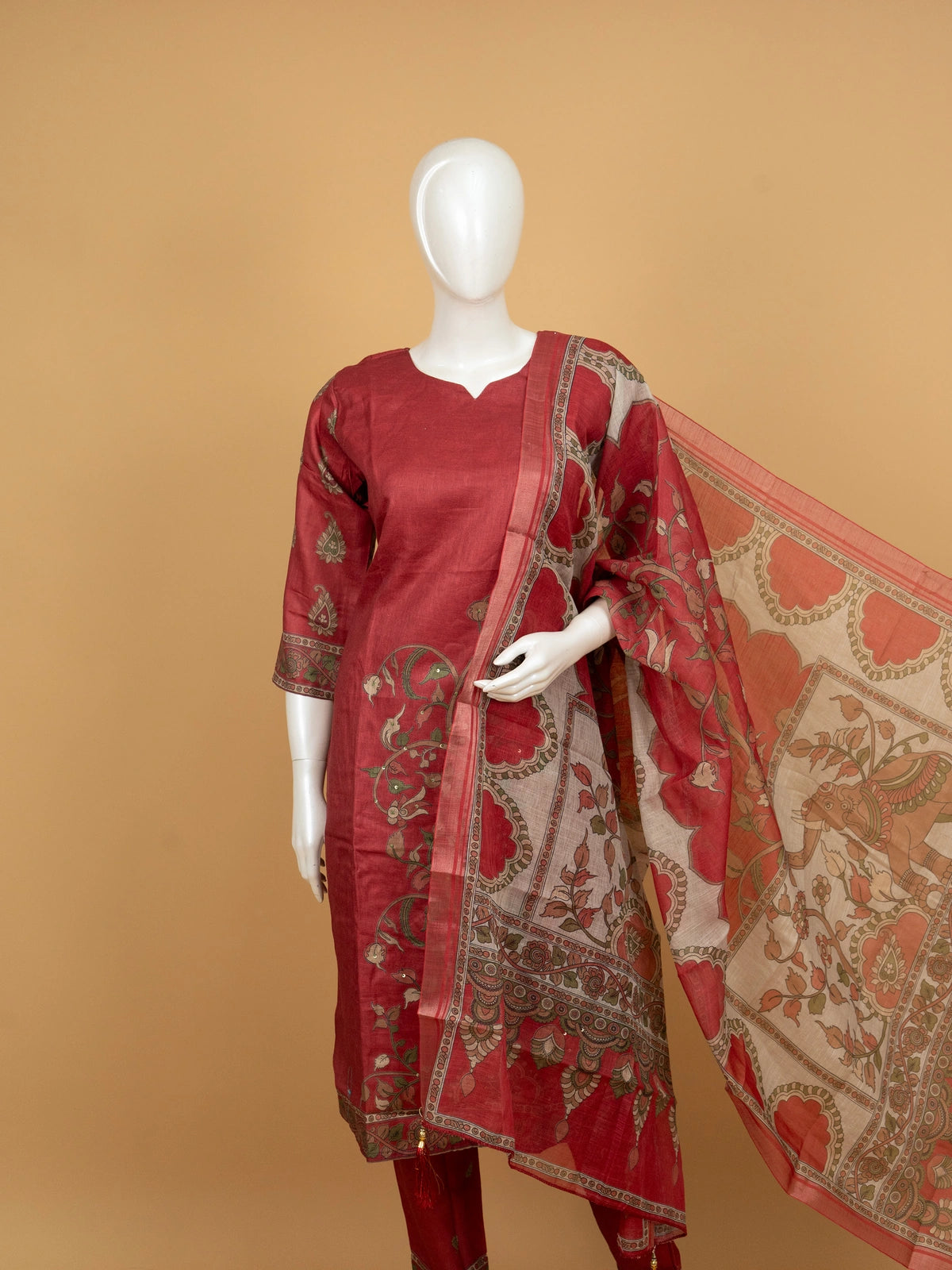Maroon Kalamkari print art silk straight cut kurti set with contrast printed dupatta and matching pants