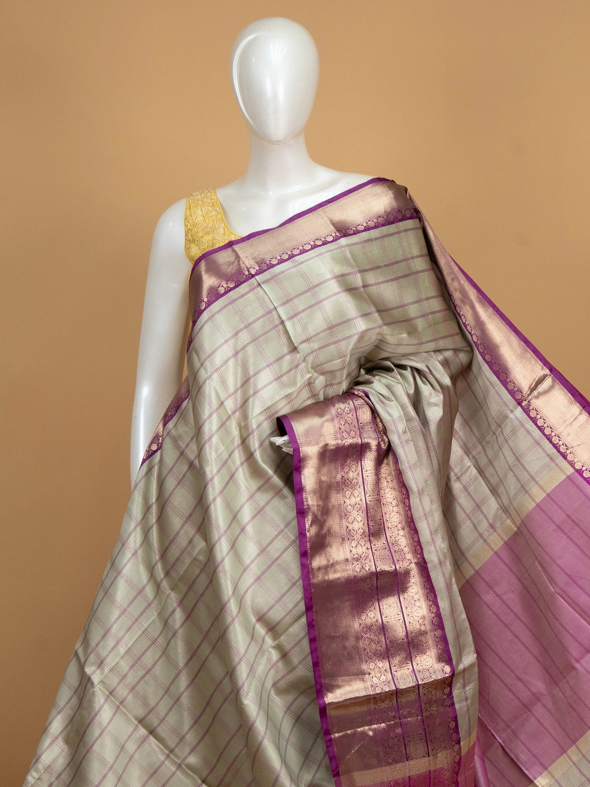 Sage grey and purple Kanchi Semi Silk saree with checked body and gold zari border