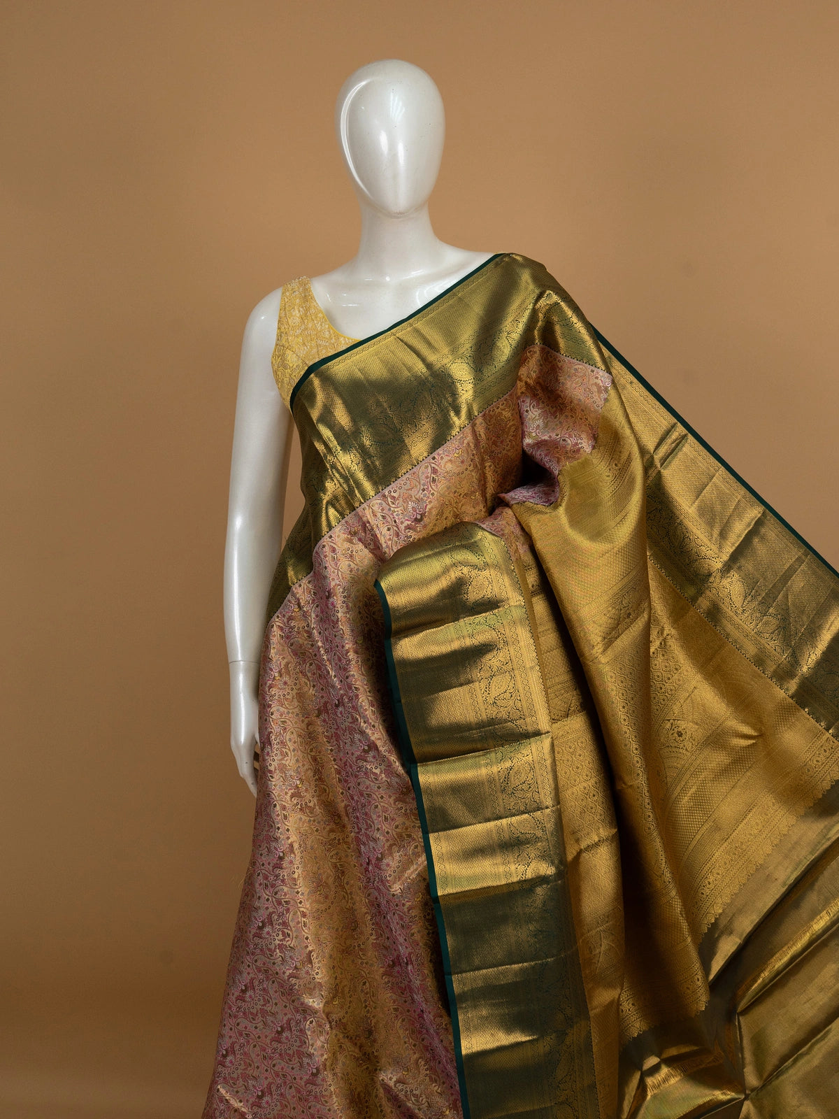 Mauve pink Pure Kanchipuram silk saree with multicoloured floral brocade body and contrast green gold zari border