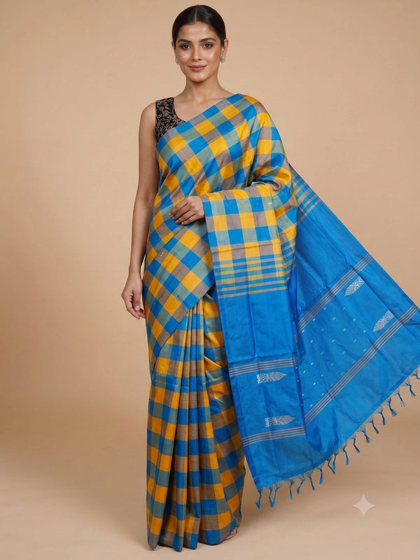 Blue and yellow checked banana silk saree with solid blue pallu and silver zari motifs