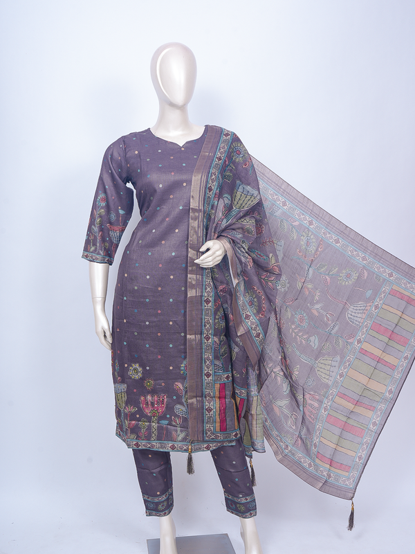 Mauve Kalamkari print cotton silk kurti set with printed pants and zari border dupatta