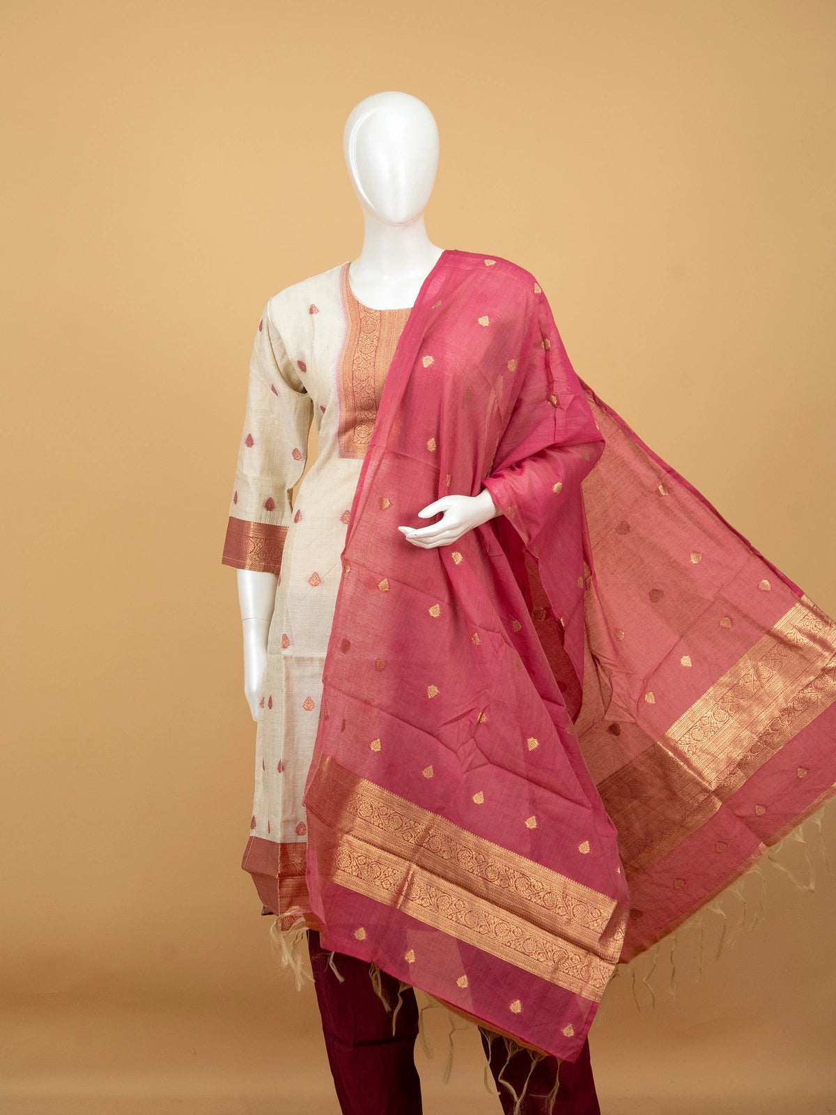 Cream cotton silk zari woven straight cut kurti set with maroon pants and pink zari dupatta