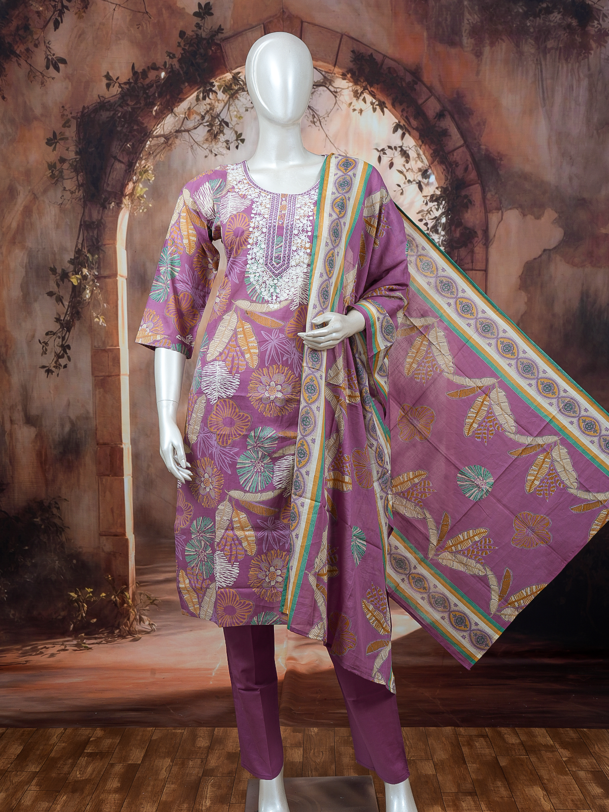 Mauve floral printed cotton kurti set with white embroidered yoke, straight pants and printed dupatta