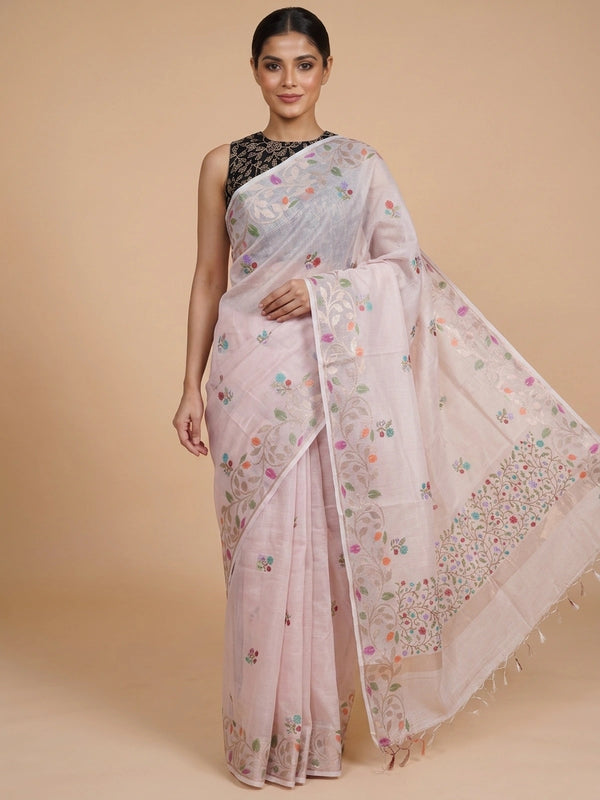 Blush pink linen cotton saree with multicolour floral buttas, gold zari floral border and contrast black embroidered blouse