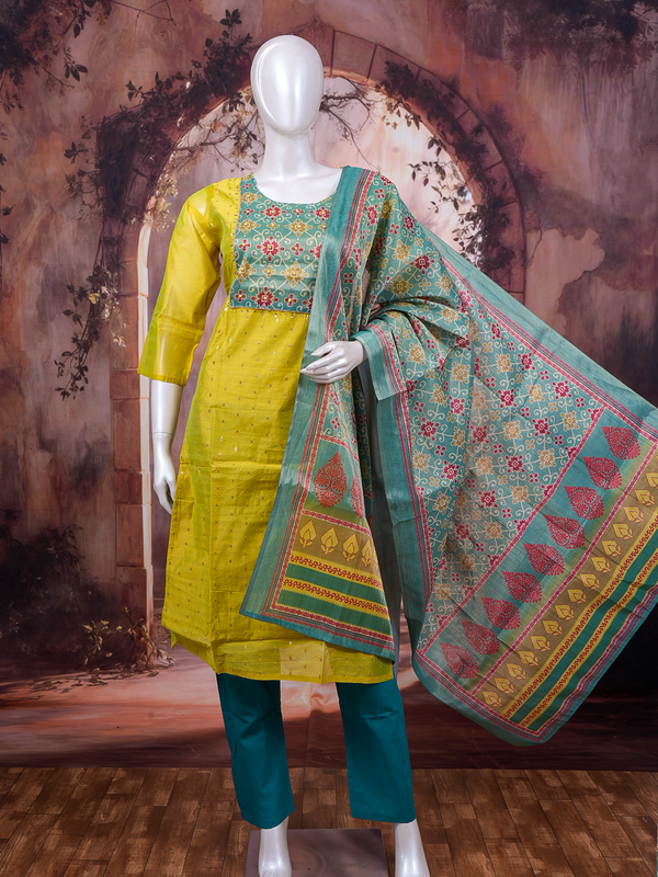 Yellow art silk kurti set with contrast teal printed yoke, teal straight pants and printed dupatta