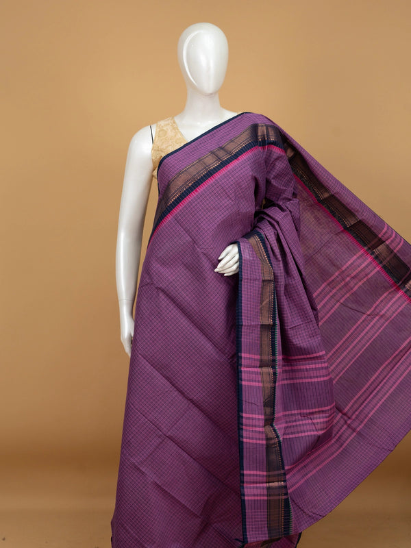 Purple Chettinad cotton saree with woven checks and contrast navy blue temple border