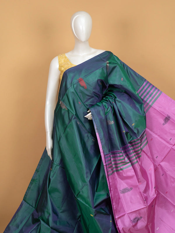 Teal green and pink banana silk saree with paisley butas and striped contrast pallu