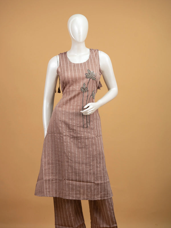 Dusty mauve striped cotton sleeveless straight cut kurti set with beaded floral embroidery and matching pants