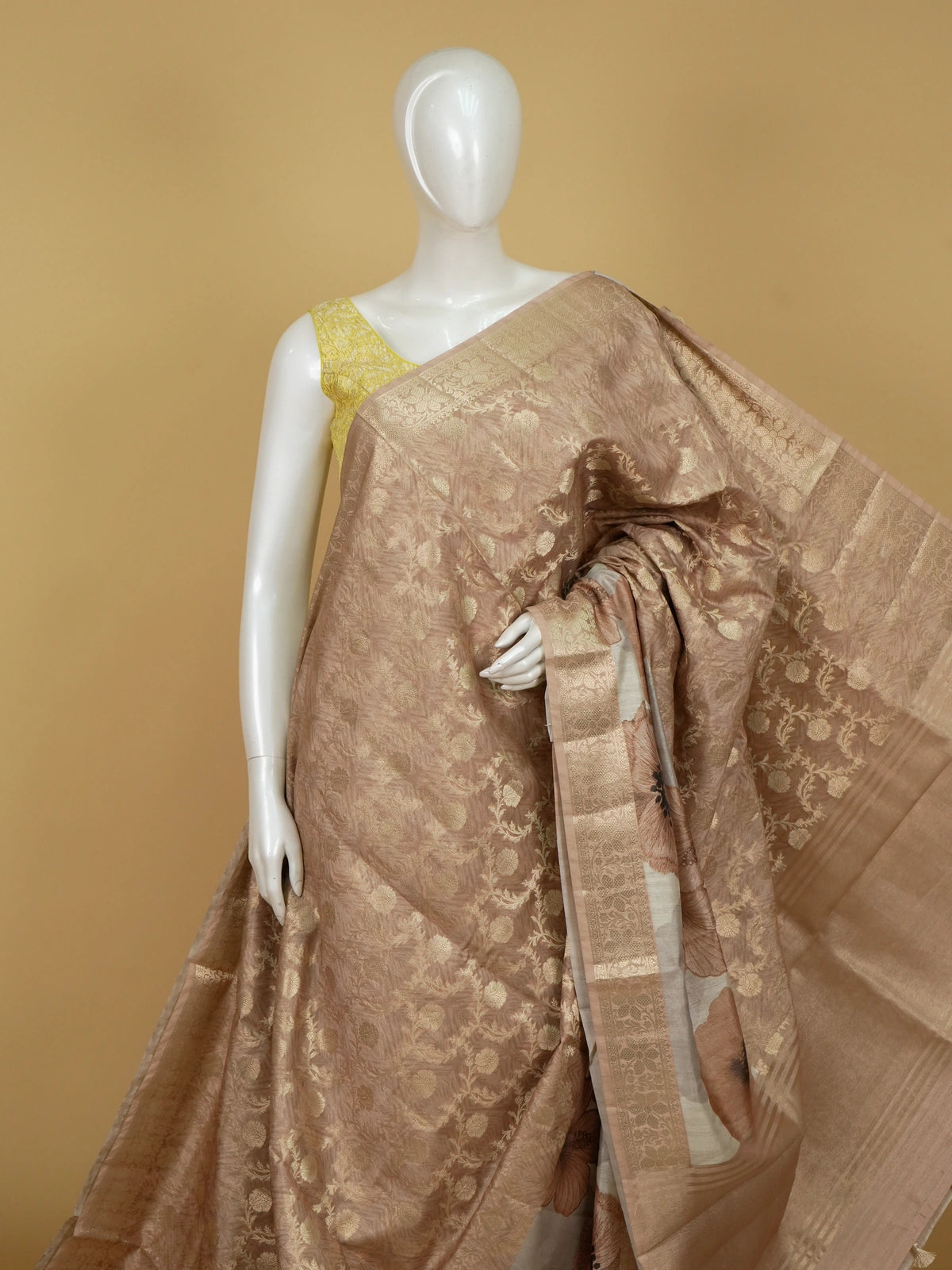 Beige and gold semi tussar saree with woven zari floral jaal and floral print pallu