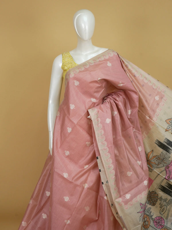 Dusty rose pink linen cotton saree with cream floral buttas, contrast scroll border and printed kalamkari pallu
