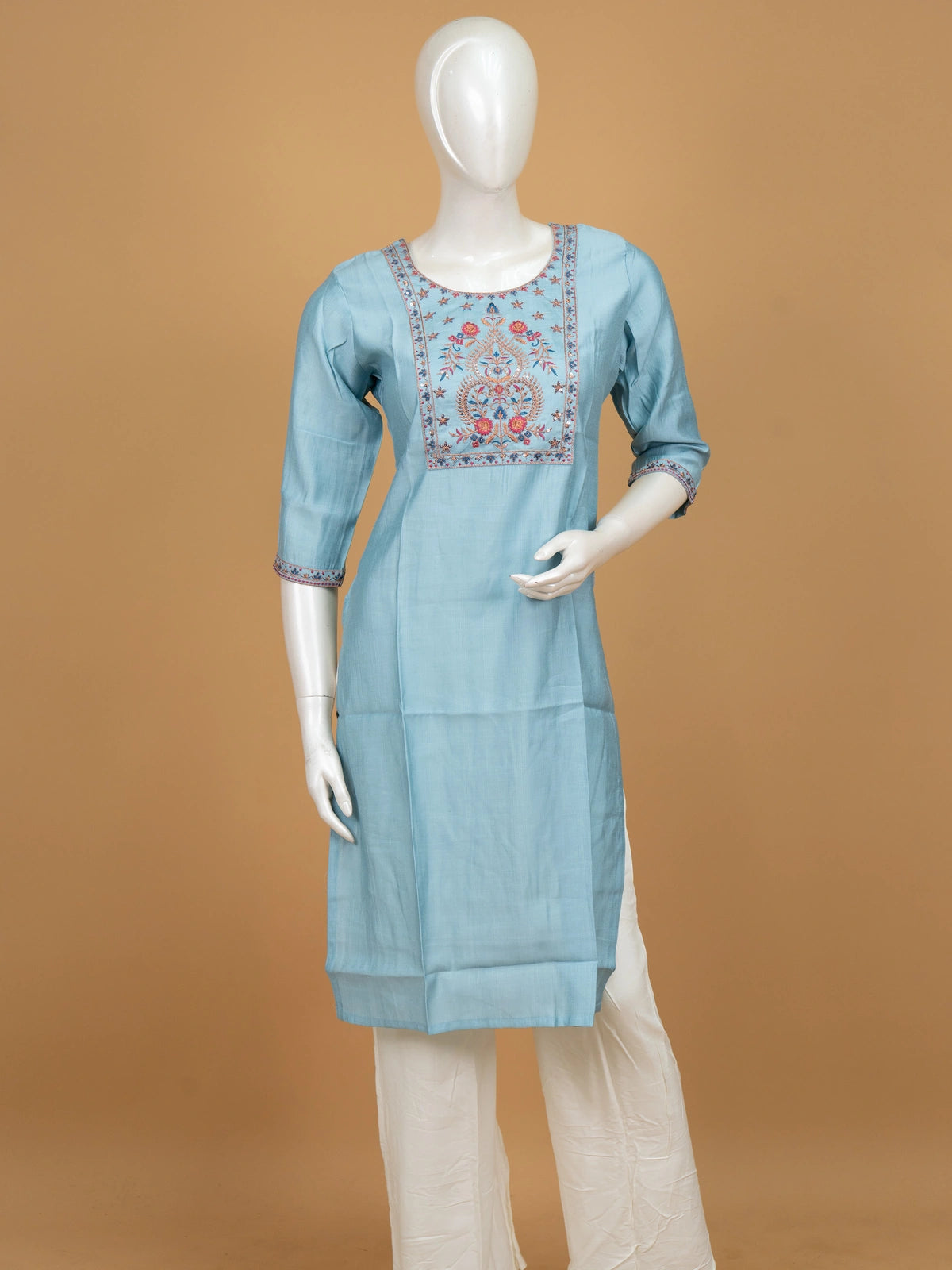 Sky Blue floral embroidered cotton silk straight cut kurti top