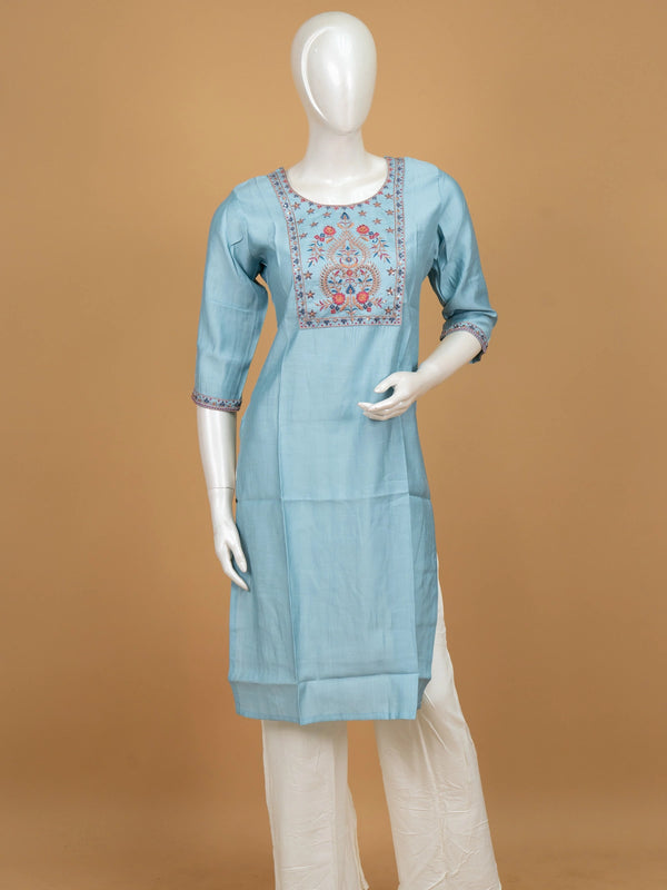 Sky Blue floral embroidered cotton silk straight cut kurti top