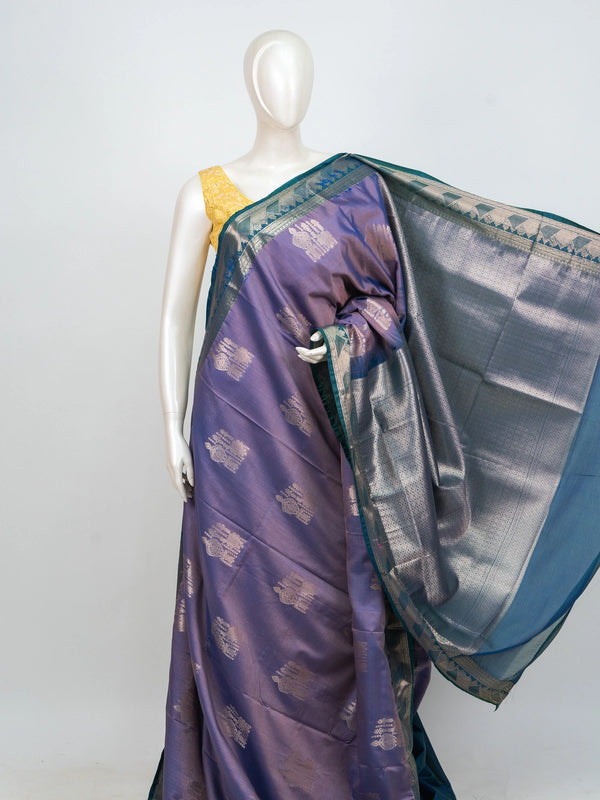 Lavender semi silk saree with teal blue contrast border and silver zari buttas