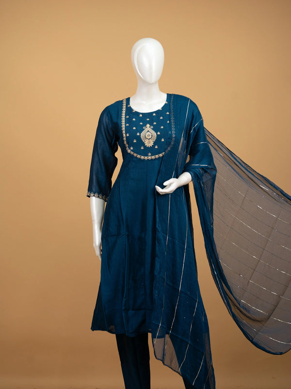 Teal Blue Zari Embroidered Art Silk Anarkali Kurti Set with gold embroidered yoke and striped dupatta