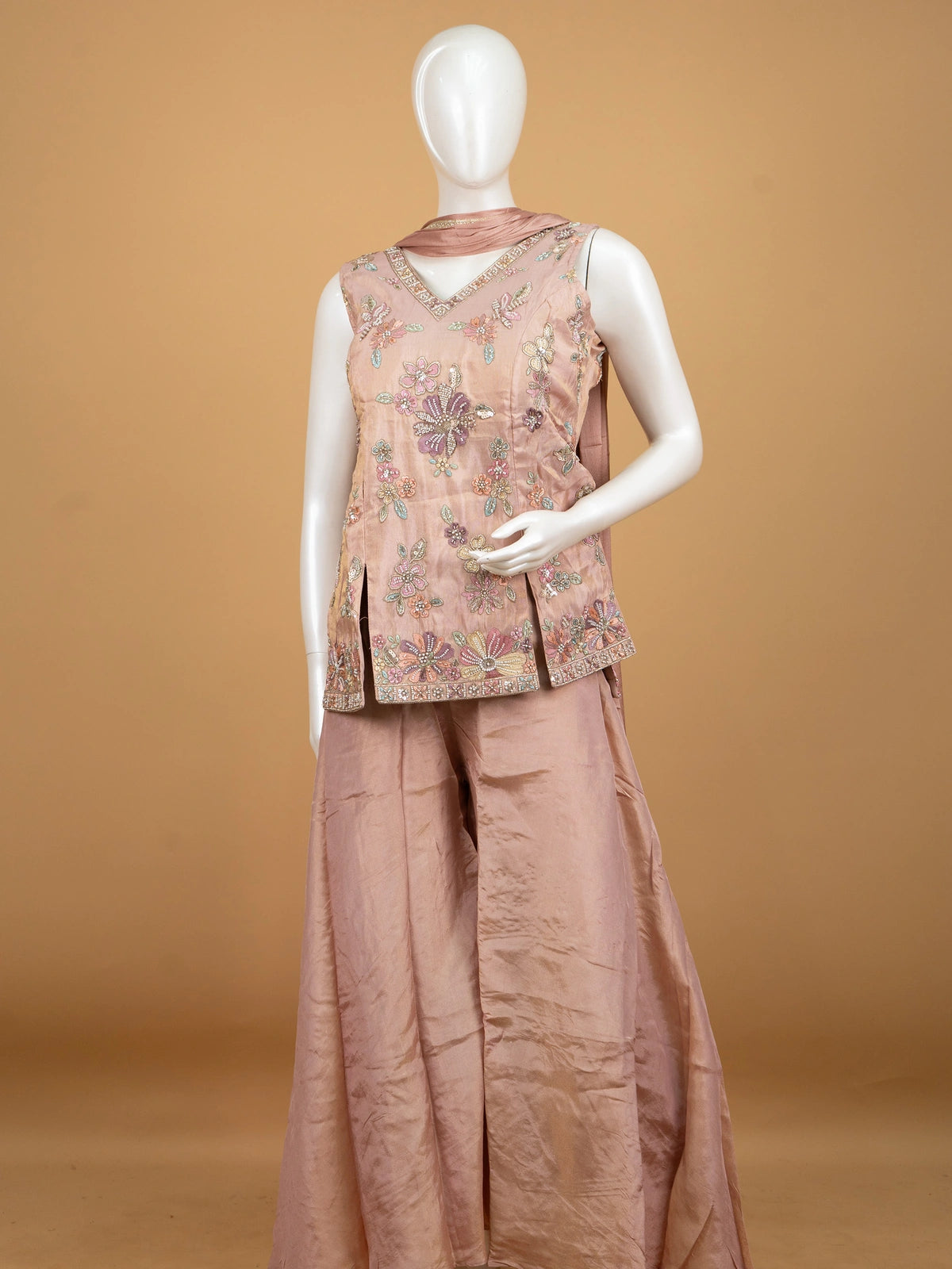 Dusty Rose silk floral embroidered straight cut kurti set with palazzo and dupatta