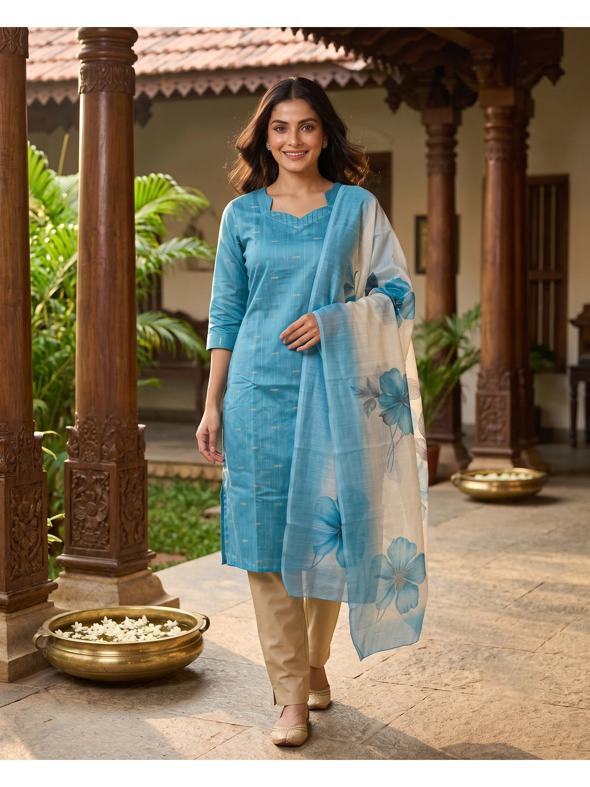 Sky Blue with Floral Cream Dupatta Ready Made Straight Cut Salwar Set