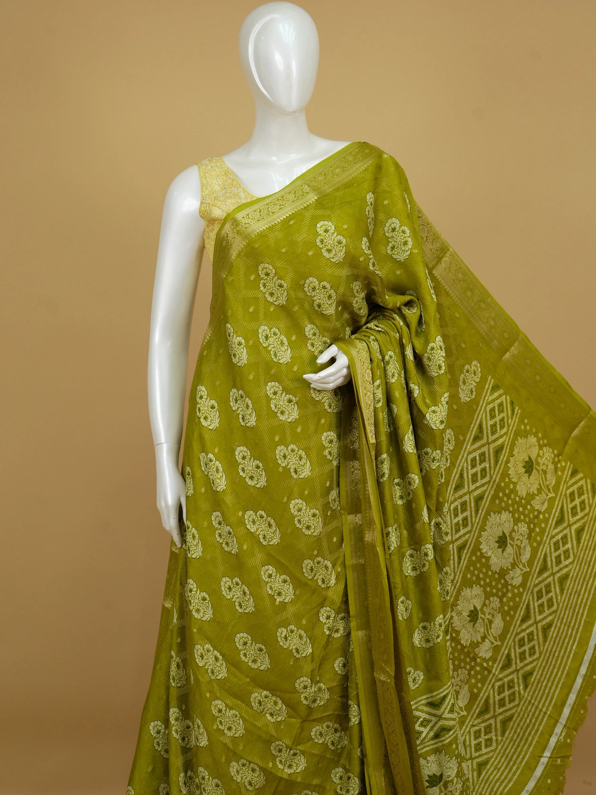 Mehndi green designer art silk saree with cream floral butis and gold zari border