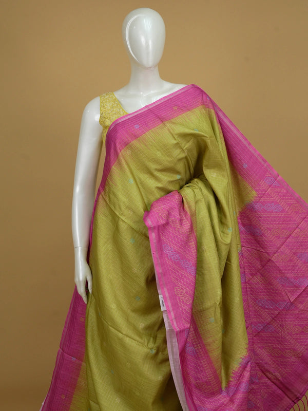 Lime green Dola silk saree with pink contrast border, zari checks and bandhani-inspired pallu