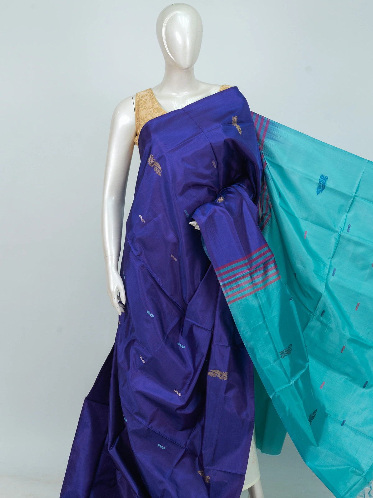 Royal blue and teal Banana Silk saree with gold zari buttis and contrast striped pallu