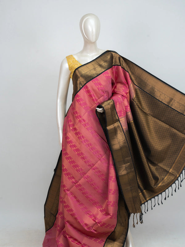 Pink Kanchipuram fancy silk saree with contrast black and gold zari border and pallu