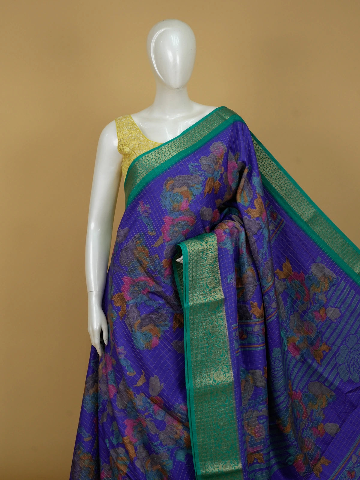 Purple Dola silk saree with multicolour floral print and contrast green gold-zari border