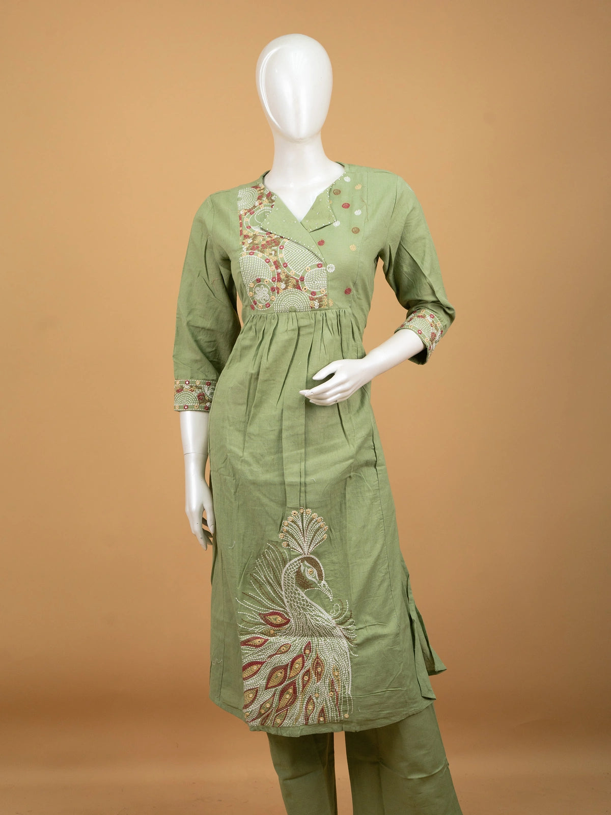 Sage green cotton straight cut kurti set with Kantha peacock embroidery and pink floral dupatta