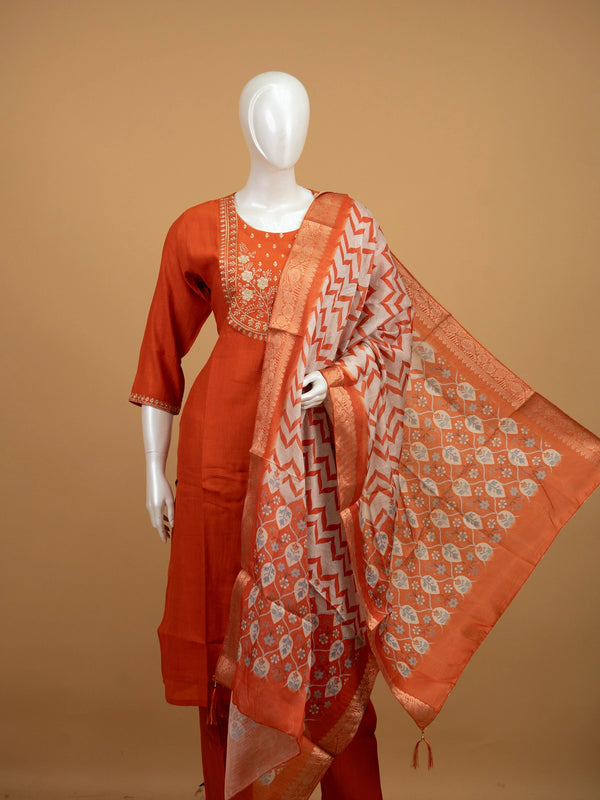 Orange zari embroidered cotton silk straight cut kurti set with printed dupatta