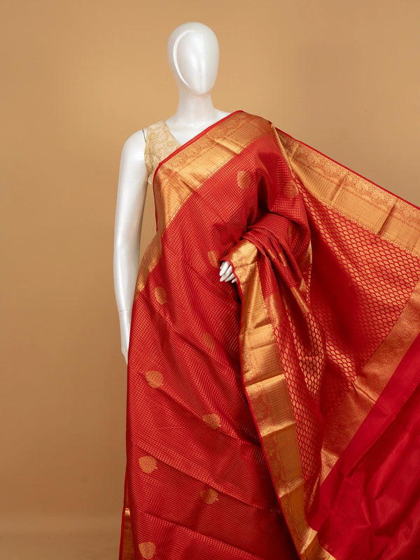 Red pure Kanchipuram silk saree with gold zari checks and contrast gold zari border