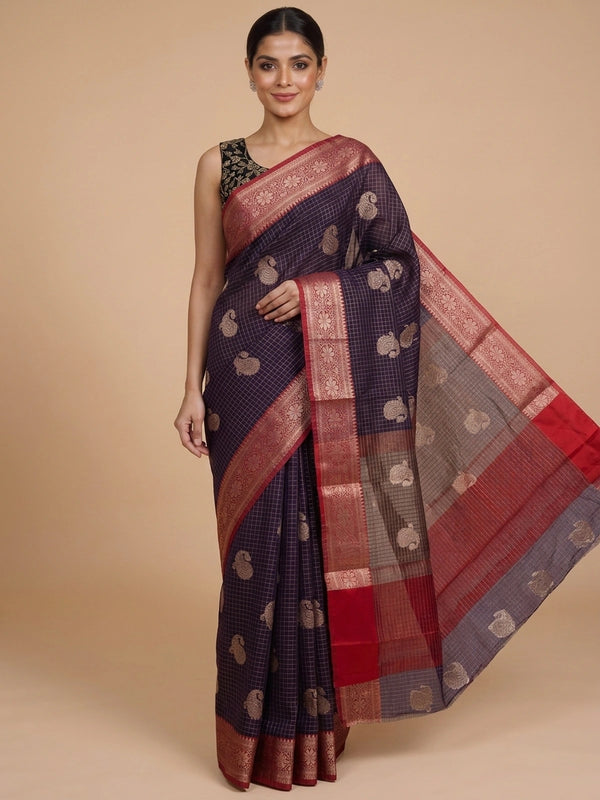 Deep purple semi raw silk saree with zari checks, gold paisley motifs and a contrast red zari border