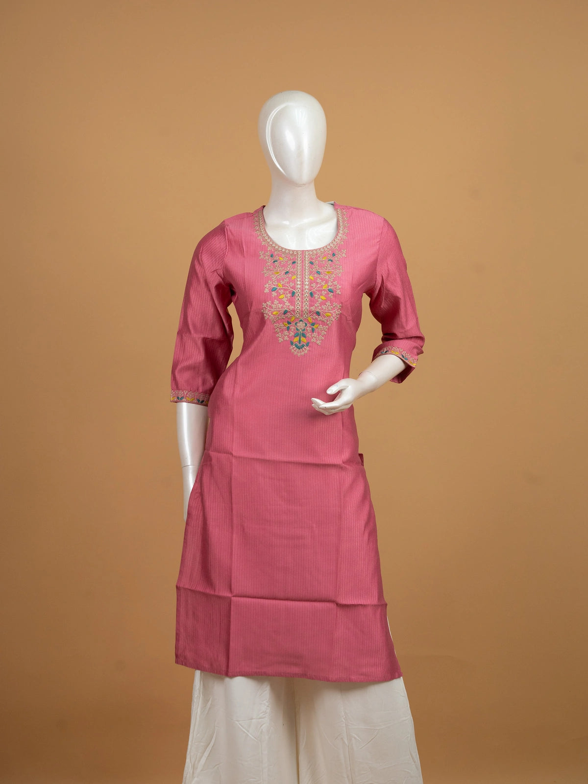 Pink floral embroidered cotton straight-cut kurti top with mirror and sequin yoke work